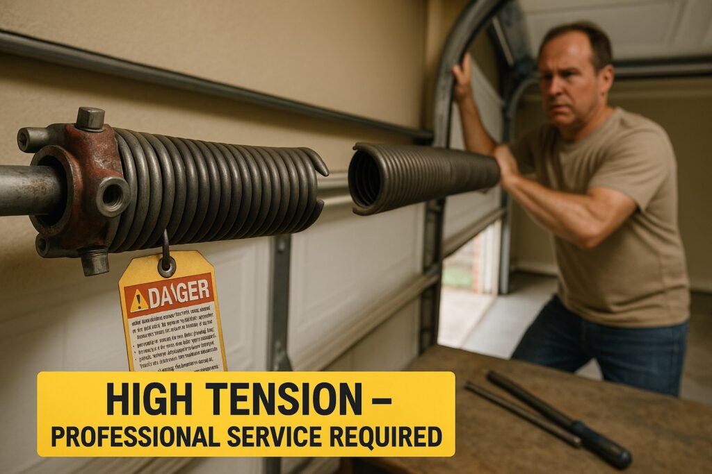 Garage Door Not Closing? Here’s The Maintenance You Might’ve Missed 4 Garage door maintenance scene showing a broken high-tension torsion spring with a warning tag, highlighting the need for professional garage door spring repair service.