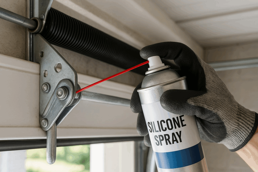 Hand applying silicone spray to garage door hinge for smooth operation and preventive garage door repairs.
