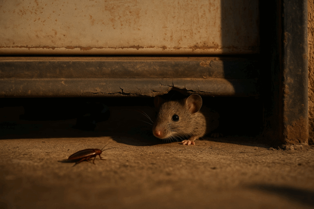 Damaged garage door weather stripping allowing pests like mice and insects to enter.
