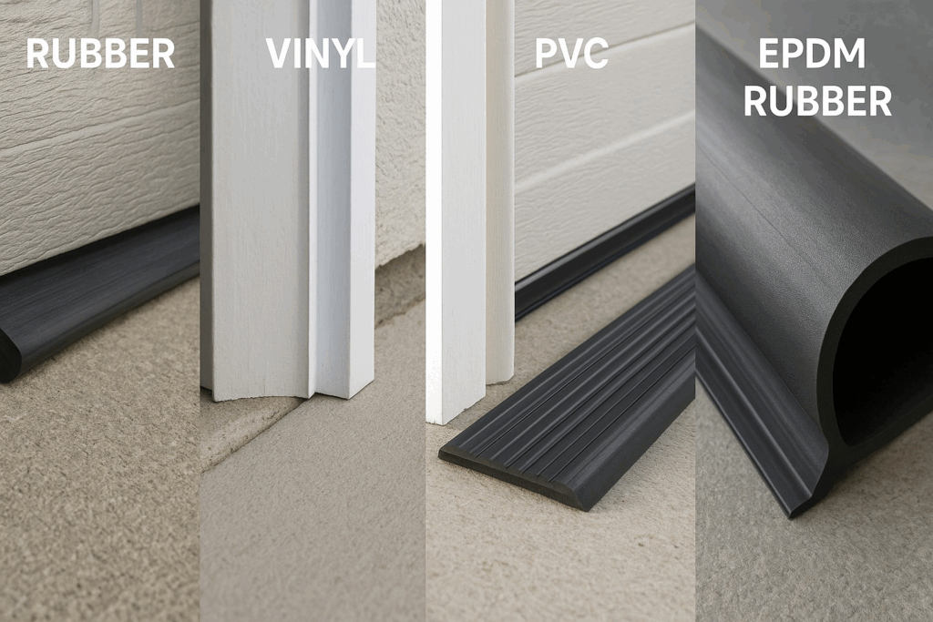 Garage door weather stripping materials comparison showing rubber, vinyl, PVC, and EPDM rubber seals.