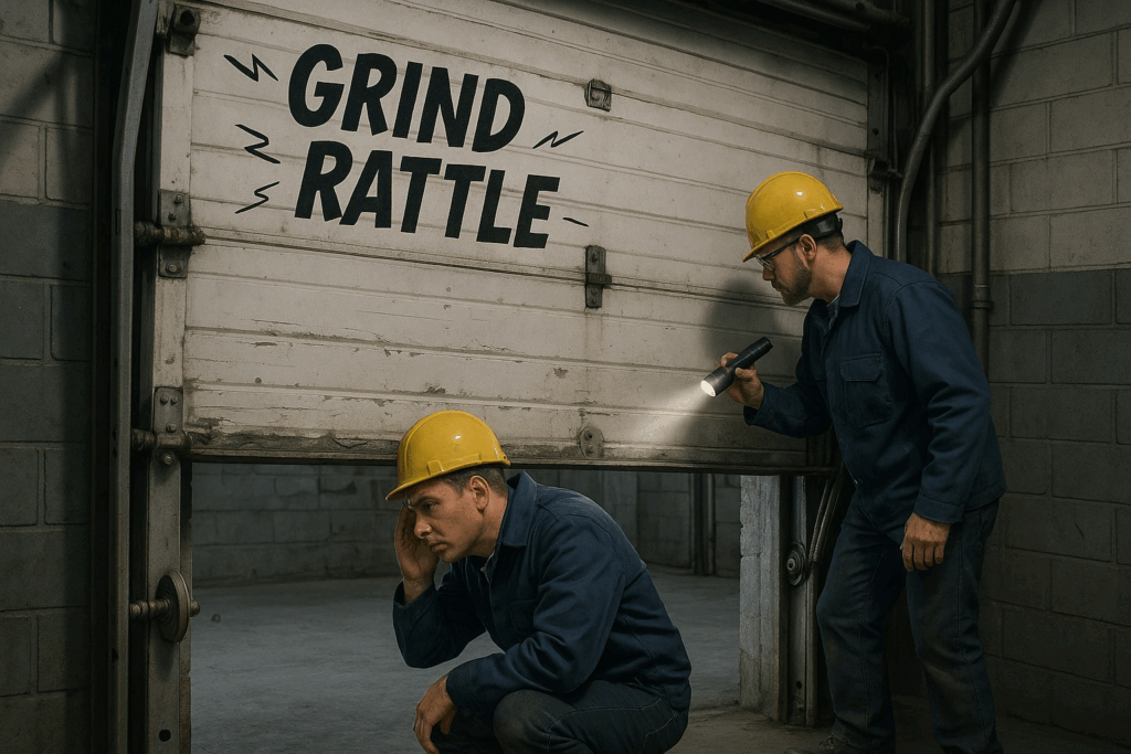 Technicians inspecting loud and unstable entrance during commercial garage door repair.