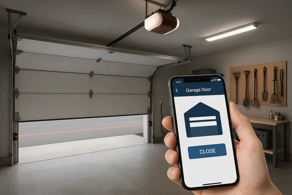 Exploring Garage Door Types For Alden Bridge, Tx: Materials And Functionality Compared 4 Smart technology controlling modern garage doors with a mobile app for convenience and security.