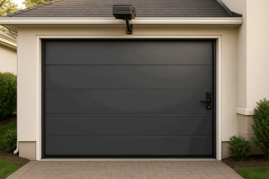 Exploring Garage Door Types For Alden Bridge, Tx: Materials And Functionality Compared 3 Steel dark modern garage doors on stylish contemporary home exterior.