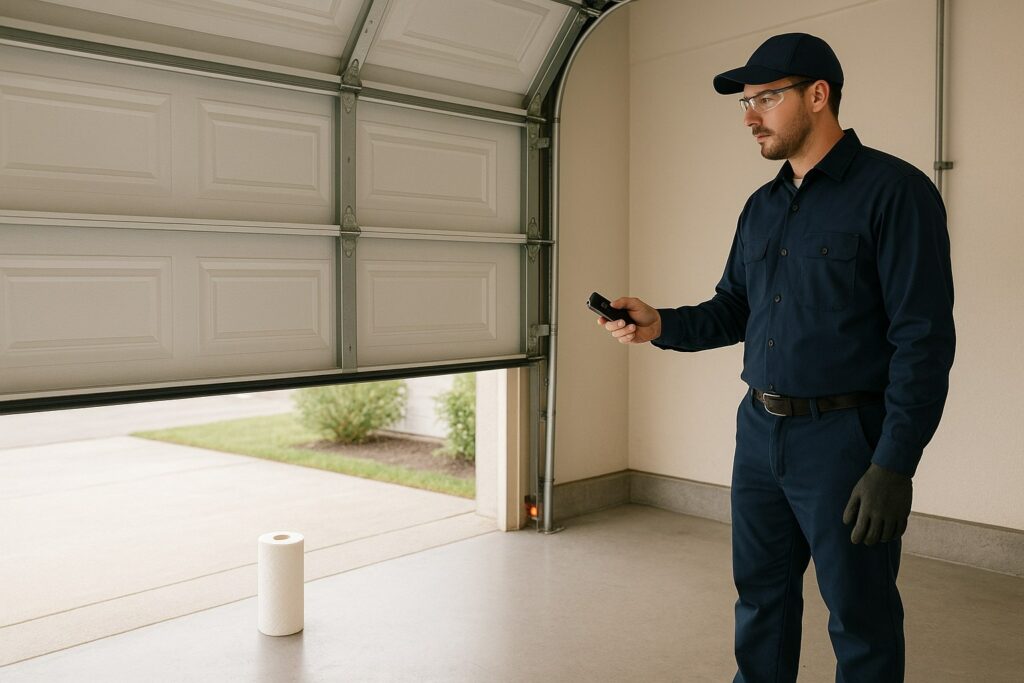 Alden Bridge, Tx Garage Door Maintenance: Trusted Services For Smooth Operations 4 Technician performing a garage door safety sensor test using a paper towel roll to ensure the auto-reverse system functions correctly.