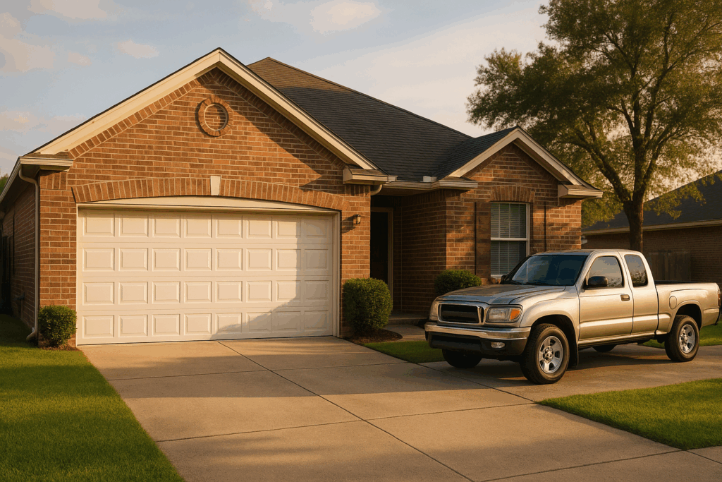 Alden Bridge, Tx Garage Door Maintenance: Trusted Services For Smooth Operations 3 Suburban home with a newly serviced white garage door and well-maintained driveway, showcasing curb appeal and reliable home maintenance.