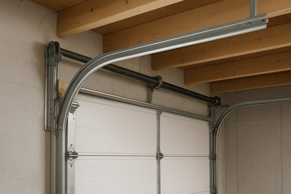 Garage door repair close up of overhead door track and torsion spring system inside a garage.